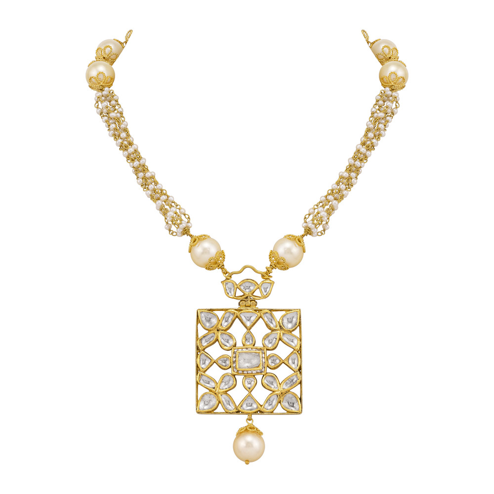 Polki Pendant Necklace with Pearls & Gold Accents